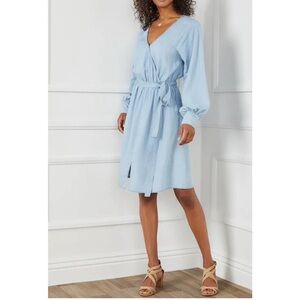 Karen Kane Soft Denim Faux Wrap Puff Sleeve Dress L